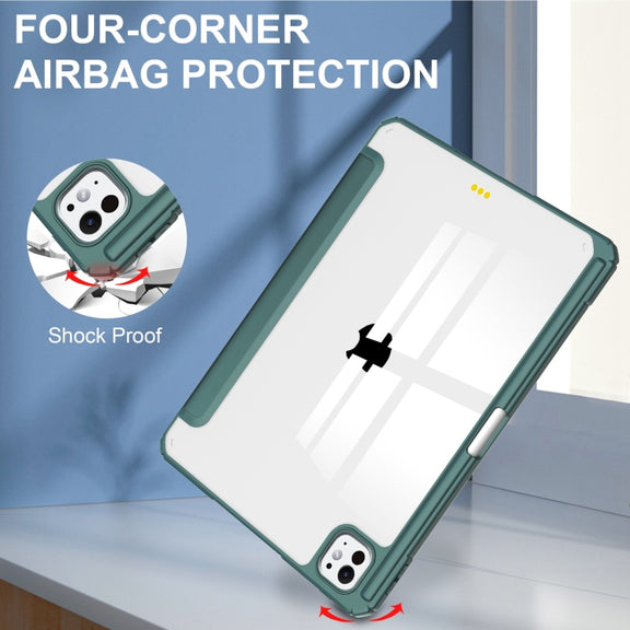 For iPad Pro 13 2024 Pure Color 3-fold Clear TPU Smart Leather Tablet Case(Dark Green)