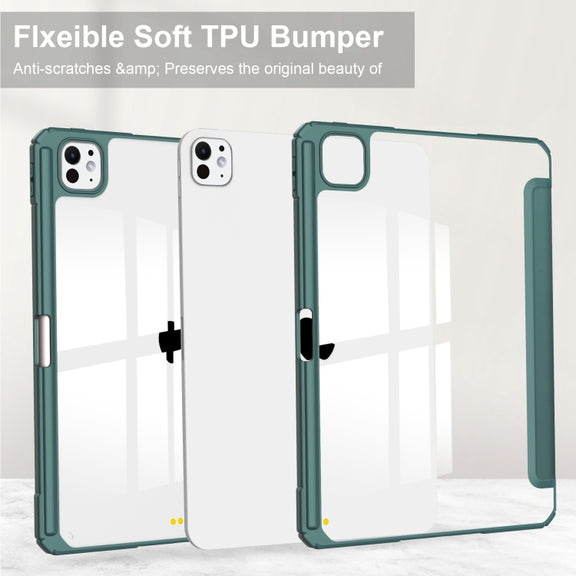 For iPad Pro 13 2024 Pure Color 3-fold Clear TPU Smart Leather Tablet Case(Dark Green)