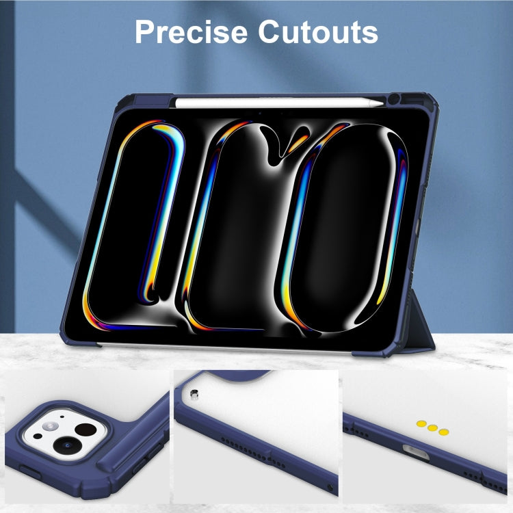 For iPad Pro 13 2024 Pure Color 3-fold Clear TPU Smart Leather Tablet Case(Dark Blue)