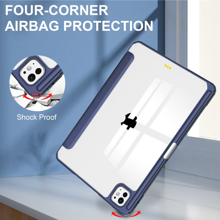 For iPad Pro 13 2024 Pure Color 3-fold Clear TPU Smart Leather Tablet Case(Dark Blue)