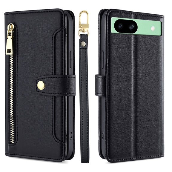 For Google Pixel 8a Sheep Texture Cross-body Zipper Wallet Leather Phone Case(Black)
