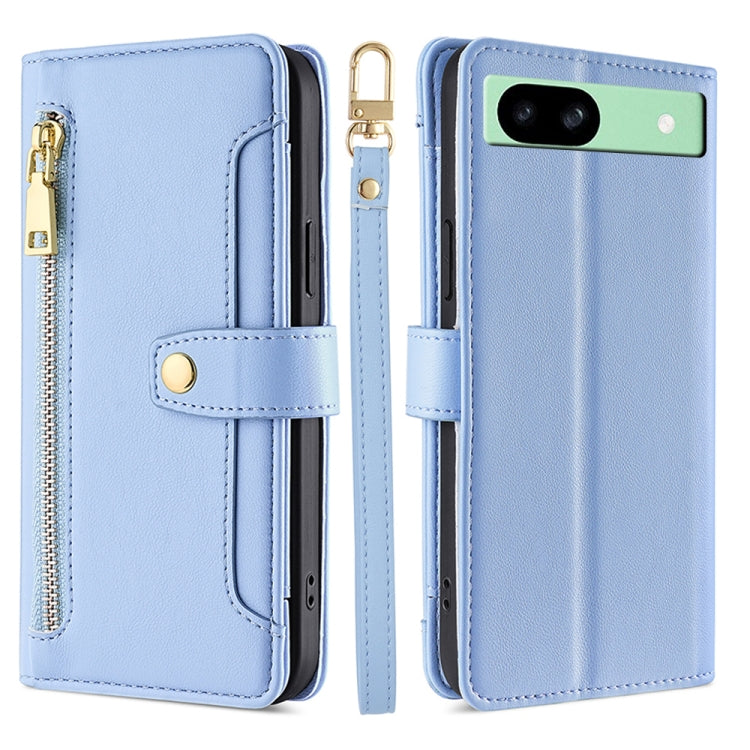 For Google Pixel 8a Sheep Texture Cross-body Zipper Wallet Leather Phone Case(Blue)