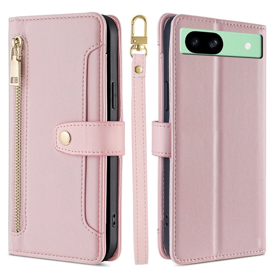 For Google Pixel 8a Sheep Texture Cross-body Zipper Wallet Leather Phone Case(Pink)