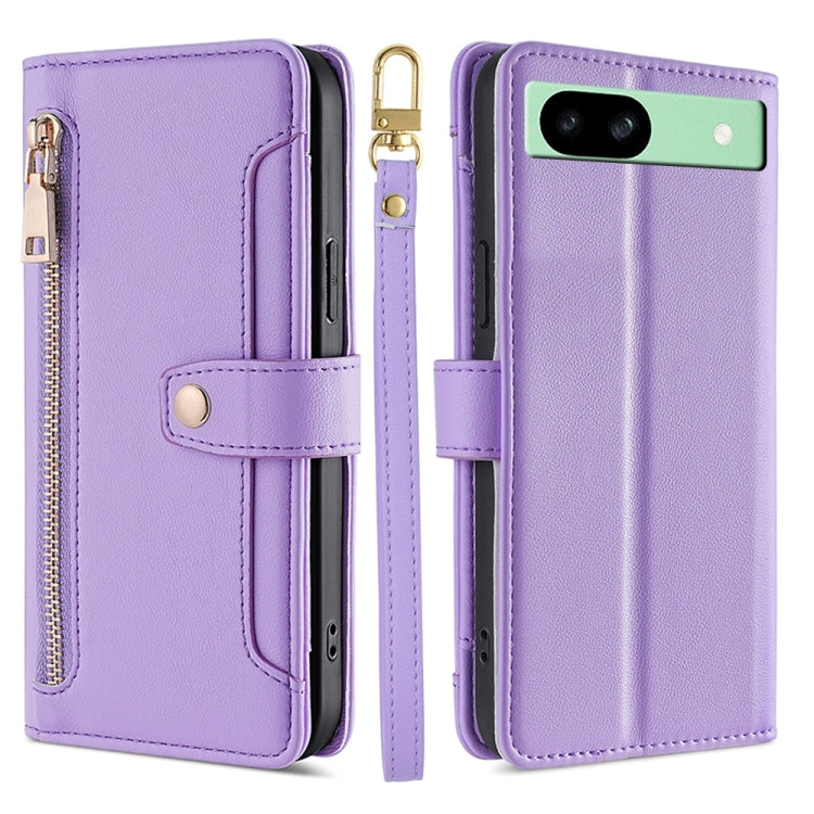For Google Pixel 8a Sheep Texture Cross-body Zipper Wallet Leather Phone Case(Purple)