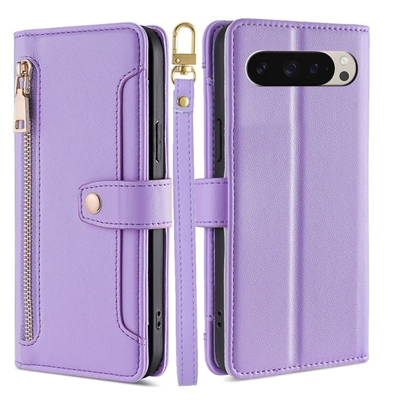 For Google Pixel 9 Sheep Texture Cross-body Zipper Wallet Leather Phone Case(Purple)
