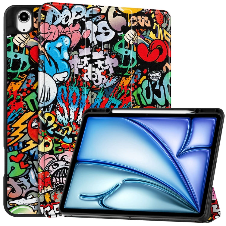 For iPad Air 13 2024 Custer Painted 3-Fold Holder Smart Leather Tablet Case with Pen Tray(Graffiti)