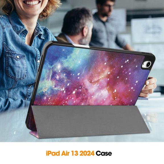 For iPad Air 13 2024 / 2025 Custer Painted 3-Fold Holder Smart Leather Tablet Case with Pen Tray(Milky Way Nebula)