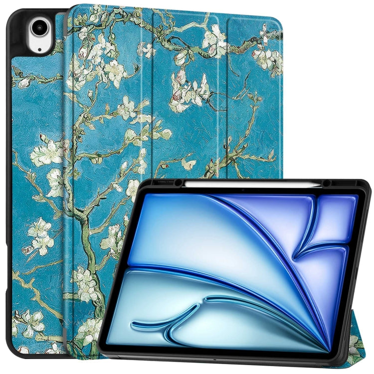 For iPad Air 13 2024 / 2025 Custer Painted 3-Fold Holder Smart Leather Tablet Case with Pen Tray(Apricot Flower)