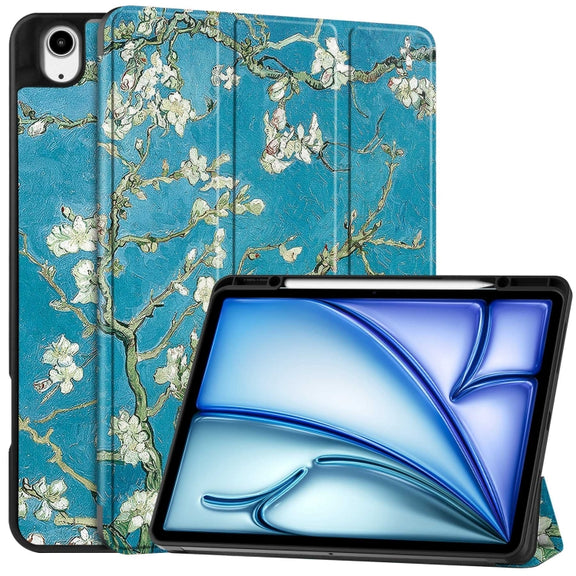 For iPad Air 13 2024 / 2025 Custer Painted 3-Fold Holder Smart Leather Tablet Case with Pen Tray(Apricot Flower)