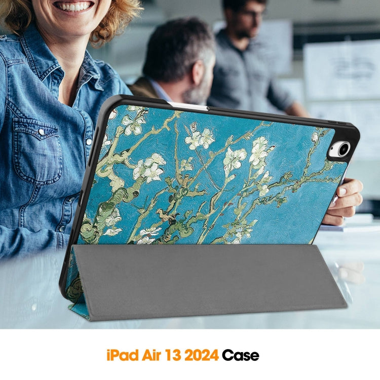 For iPad Air 13 2024 / 2025 Custer Painted 3-Fold Holder Smart Leather Tablet Case with Pen Tray(Apricot Flower)