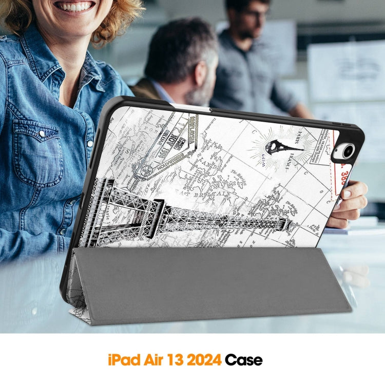 For iPad Air 13 2024 / 2025 Custer Painted 3-Fold Holder Smart Leather Tablet Case with Pen Tray(Eiffel Tower)