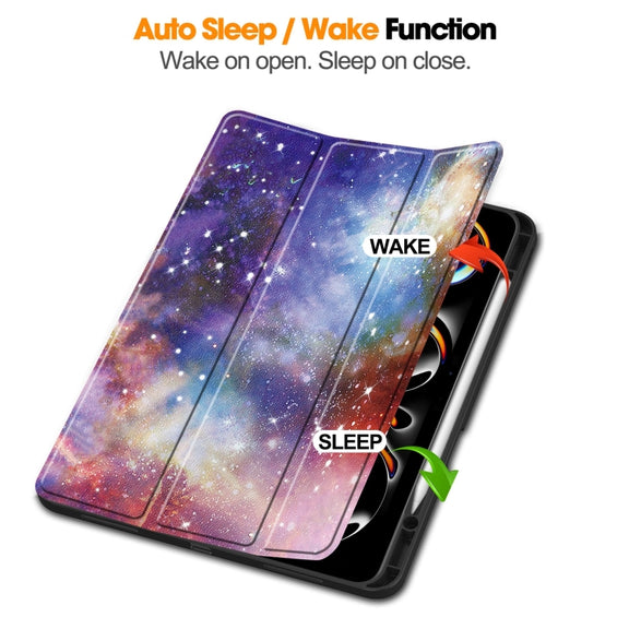 For iPad Pro 13 2024 Custer Painted 3-Fold Holder Smart Leather Tablet Case with Pen Tray(Milky Way Nebula)