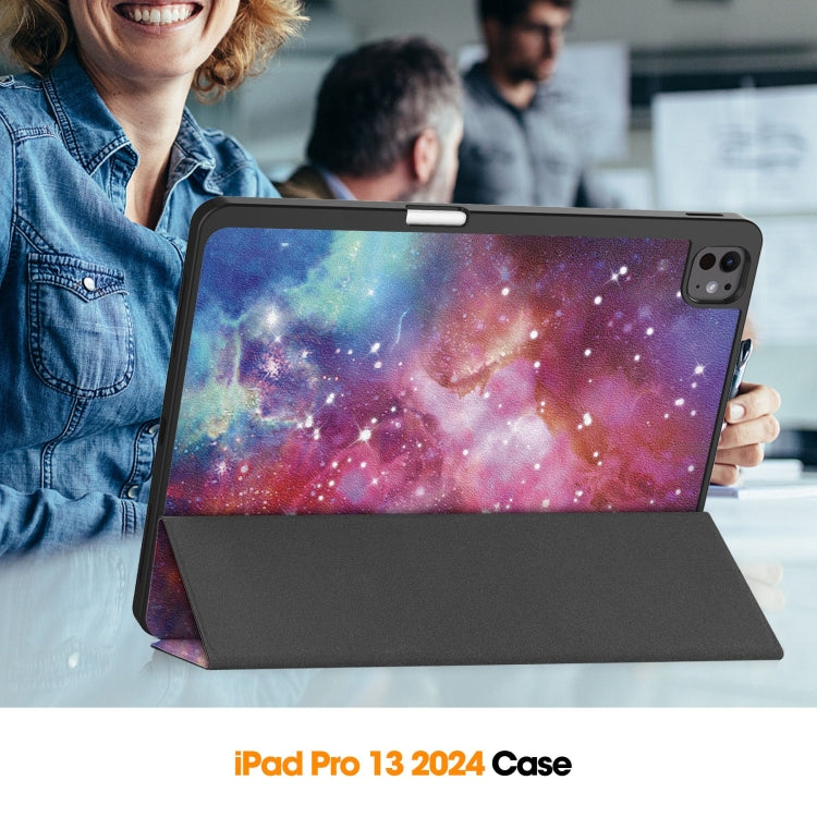 For iPad Pro 13 2024 Custer Painted 3-Fold Holder Smart Leather Tablet Case with Pen Tray(Milky Way Nebula)