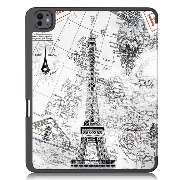 For iPad Pro 13 2024 Custer Painted 3-Fold Holder Smart Leather Tablet Case with Pen Tray(Eiffel Tower)