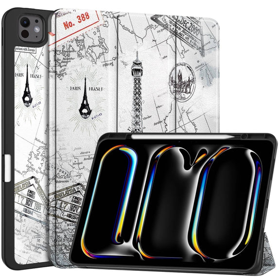 For iPad Pro 13 2024 Custer Painted 3-Fold Holder Smart Leather Tablet Case with Pen Tray(Eiffel Tower)