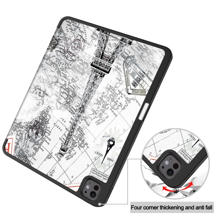 For iPad Pro 13 2024 Custer Painted 3-Fold Holder Smart Leather Tablet Case with Pen Tray(Eiffel Tower)