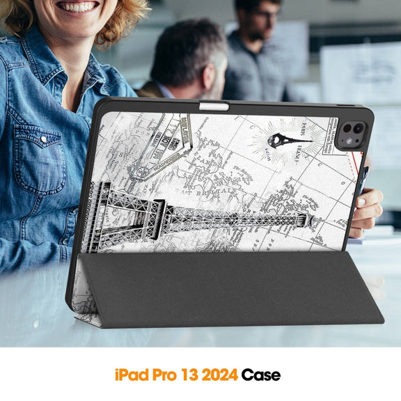 For iPad Pro 13 2024 Custer Painted 3-Fold Holder Smart Leather Tablet Case with Pen Tray(Eiffel Tower)