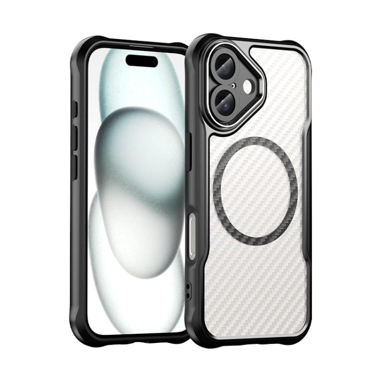 For iPhone 16 Carbon Fiber Texture MagSafe Translucent Phone Case(Black)