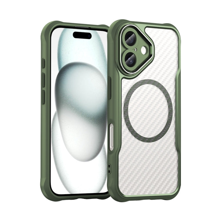 For iPhone 16 Carbon Fiber Texture MagSafe Translucent Phone Case(Green)