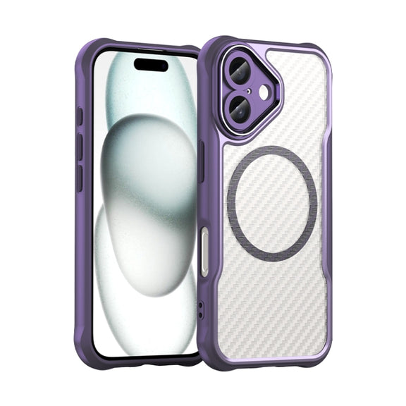 For iPhone 16 Carbon Fiber Texture MagSafe Translucent Phone Case(Purple)