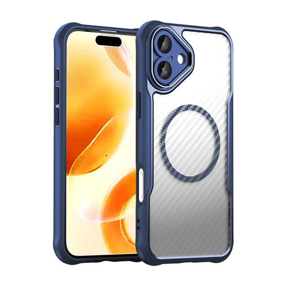 For iPhone 16 Plus Carbon Fiber Texture MagSafe Translucent Phone Case(Blue)