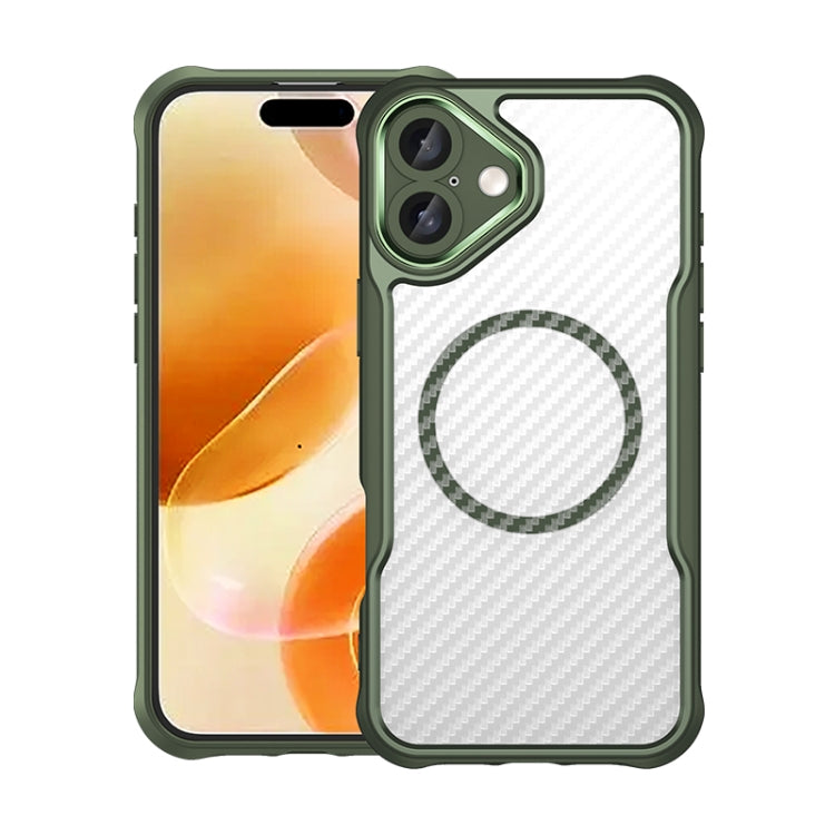 For iPhone 16 Plus Carbon Fiber Texture MagSafe Translucent Phone Case(Green)