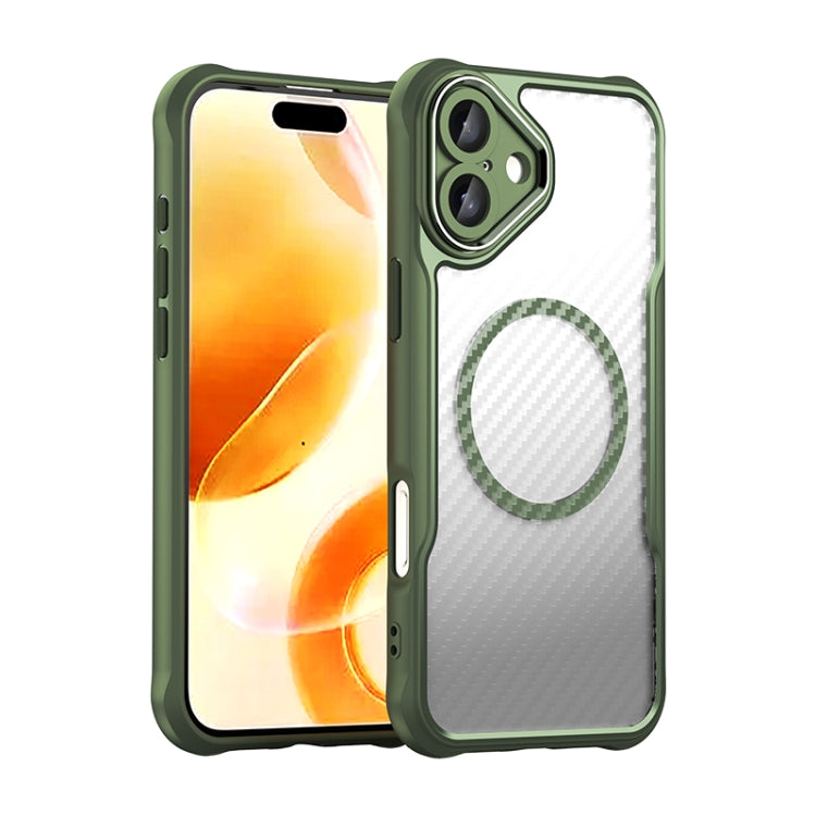 For iPhone 16 Plus Carbon Fiber Texture MagSafe Translucent Phone Case(Green)