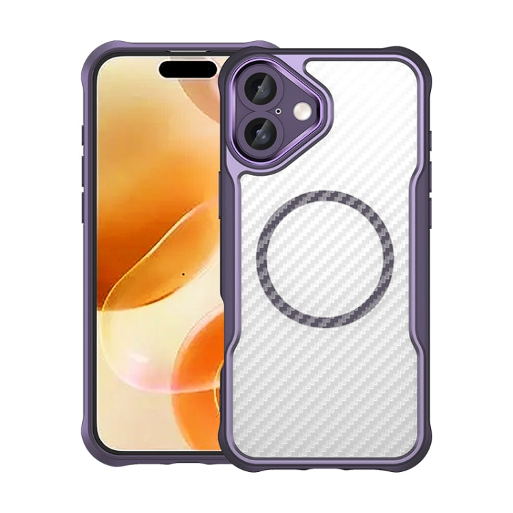 For iPhone 16 Plus Carbon Fiber Texture MagSafe Translucent Phone Case(Purple)