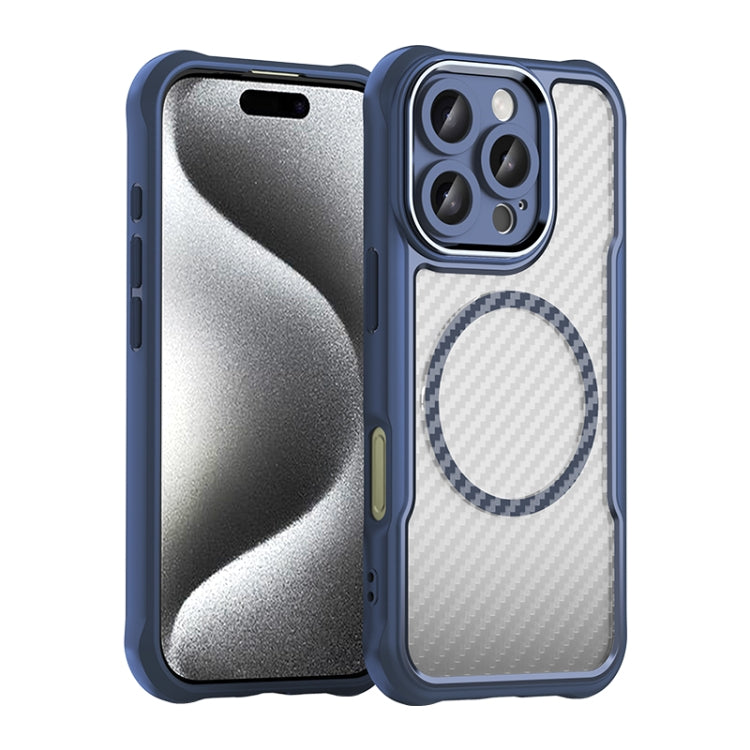 For iPhone 16 Pro Carbon Fiber Texture MagSafe Translucent Phone Case(Blue)