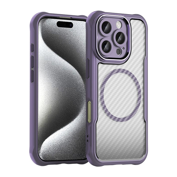 For iPhone 16 Pro Carbon Fiber Texture MagSafe Translucent Phone Case(Purple)