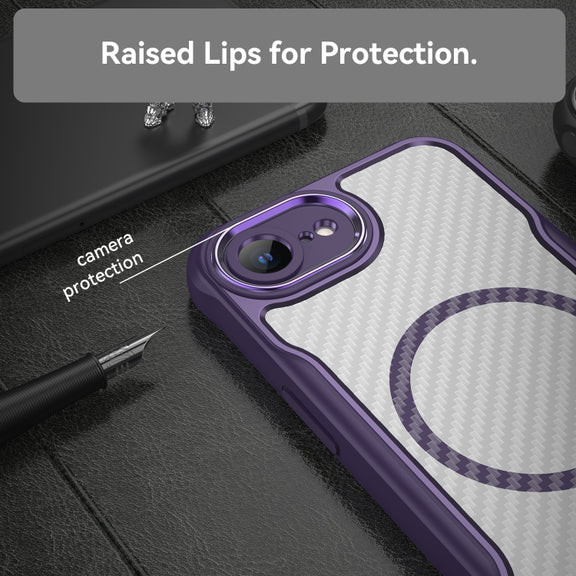 For iPhone 16e Carbon Fiber Texture MagSafe Translucent Phone Case(Purple)