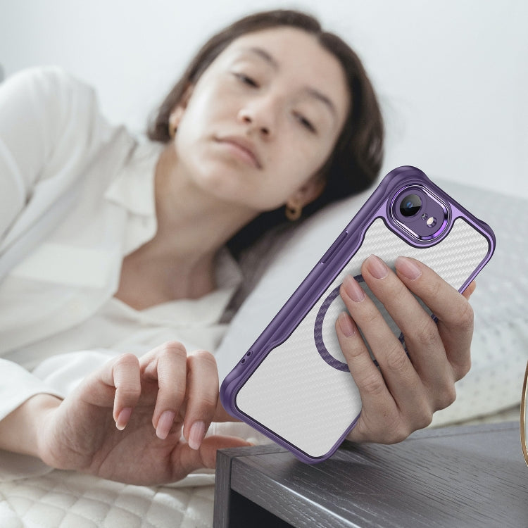 For iPhone 16e Carbon Fiber Texture MagSafe Translucent Phone Case(Purple)