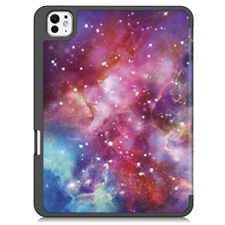 For iPad Pro 11 2024 Custer Painted 3-Fold Holder Smart Leather Tablet Case with Pen Tray(Milky Way Nebula)