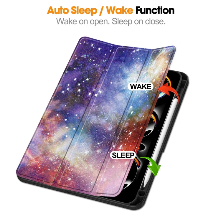 For iPad Pro 11 2024 Custer Painted 3-Fold Holder Smart Leather Tablet Case with Pen Tray(Milky Way Nebula)