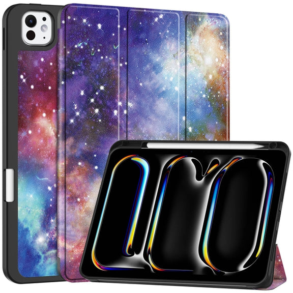 For iPad Pro 11 2024 Custer Painted 3-Fold Holder Smart Leather Tablet Case with Pen Tray(Milky Way Nebula)