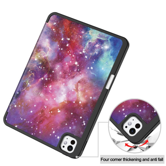 For iPad Pro 11 2024 Custer Painted 3-Fold Holder Smart Leather Tablet Case with Pen Tray(Milky Way Nebula)