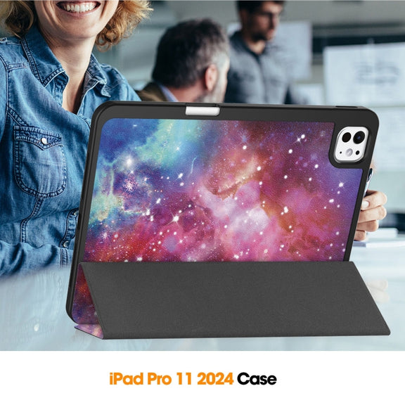 For iPad Pro 11 2024 Custer Painted 3-Fold Holder Smart Leather Tablet Case with Pen Tray(Milky Way Nebula)