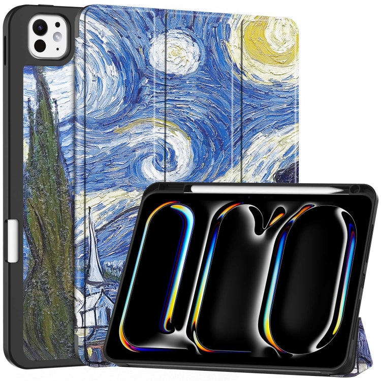 For iPad Pro 11 2024 Custer Painted 3-Fold Holder Smart Leather Tablet Case with Pen Tray(Starry Sky)
