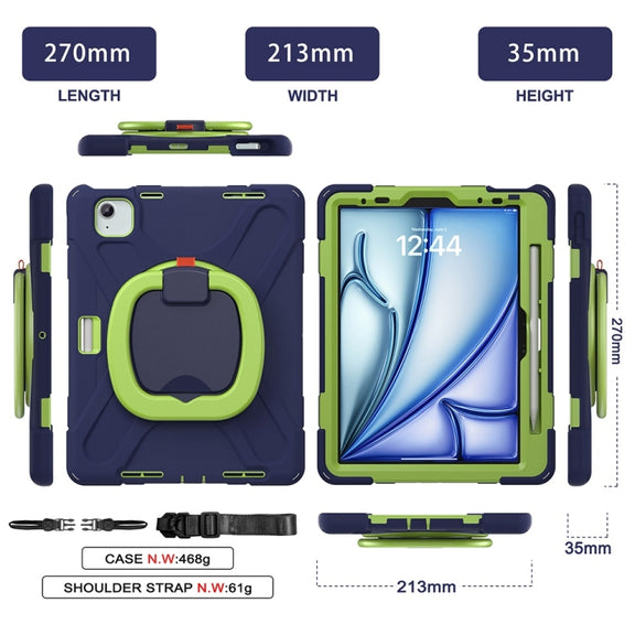 For iPad Air 11 2024 Silicone Hybrid PC Tablet Case with Holder & Shoulder Strap(Navy Blue Lime)