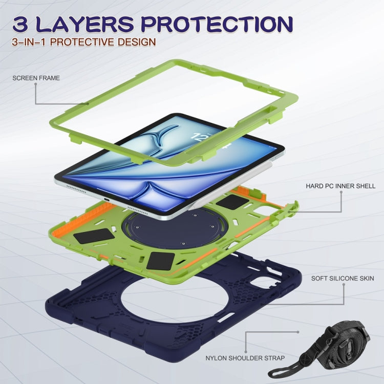 For iPad Air 11 2024 Silicone Hybrid PC Tablet Case with Holder & Shoulder Strap(Navy Blue Lime)