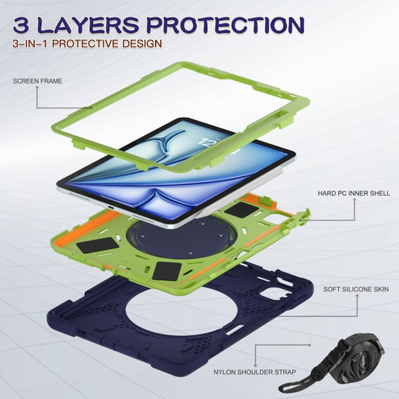 For iPad Air 11 2024 Silicone Hybrid PC Tablet Case with Holder & Shoulder Strap(Navy Blue Lime)