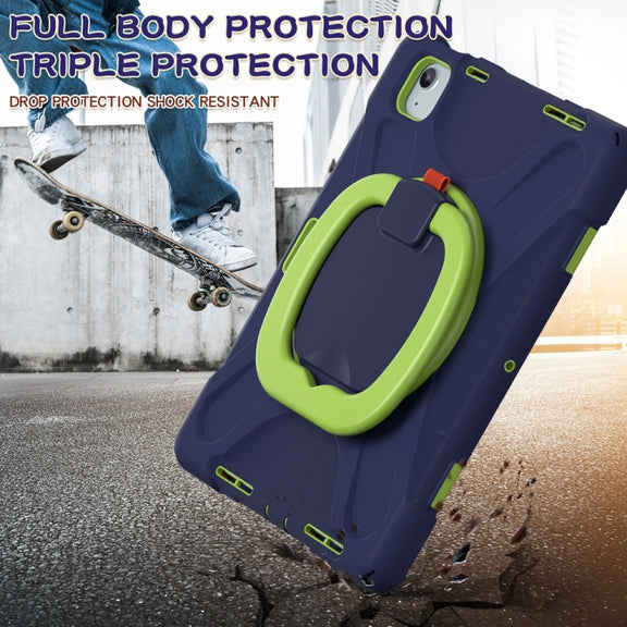 For iPad Air 11 2024 Silicone Hybrid PC Tablet Case with Holder & Shoulder Strap(Navy Blue Lime)