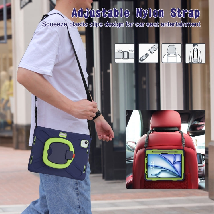 For iPad Air 11 2024 Silicone Hybrid PC Tablet Case with Holder & Shoulder Strap(Navy Blue Lime)