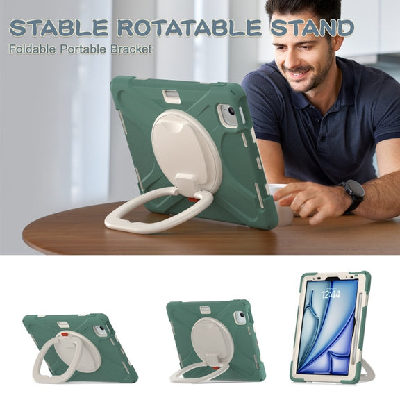 For iPad Air 11 2024 / Air 11 2025 Silicone Hybrid PC Tablet Case with Holder & Shoulder Strap(Emerald Green)