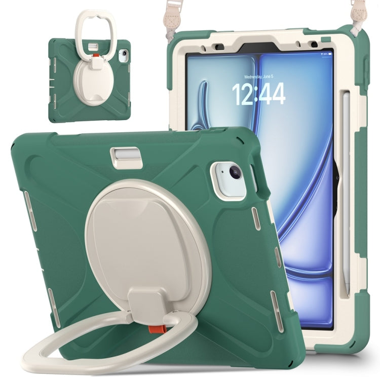 For iPad Air 11 2024 / Air 11 2025 Silicone Hybrid PC Tablet Case with Holder & Shoulder Strap(Emerald Green)