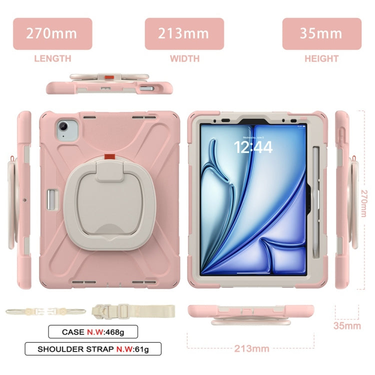 For iPad Air 11 2024 / Air 11 2025 Silicone Hybrid PC Tablet Case with Holder & Shoulder Strap(Cherry Blossom Pink)