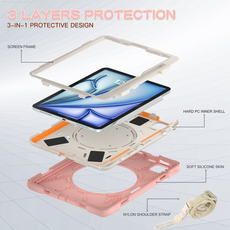 For iPad Air 11 2024 / Air 11 2025 Silicone Hybrid PC Tablet Case with Holder & Shoulder Strap(Cherry Blossom Pink)