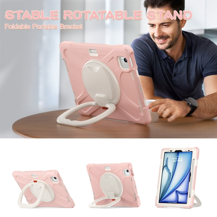 For iPad Air 11 2024 / Air 11 2025 Silicone Hybrid PC Tablet Case with Holder & Shoulder Strap(Cherry Blossom Pink)