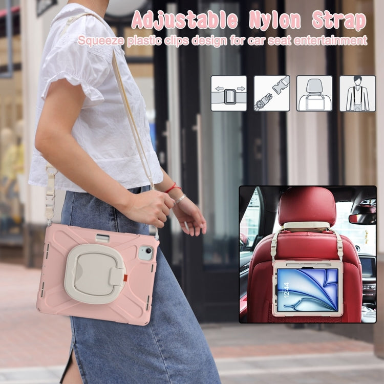 For iPad Air 11 2024 / Air 11 2025 Silicone Hybrid PC Tablet Case with Holder & Shoulder Strap(Cherry Blossom Pink)
