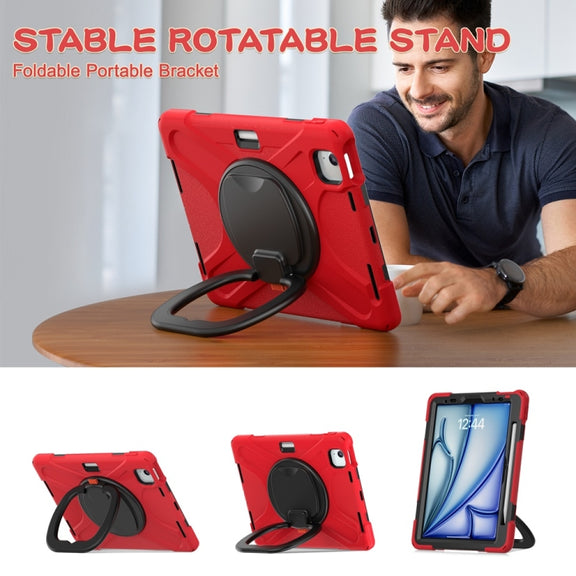 For iPad Air 11 2024 / Air 11 2025 Silicone Hybrid PC Tablet Case with Holder & Shoulder Strap(Red)